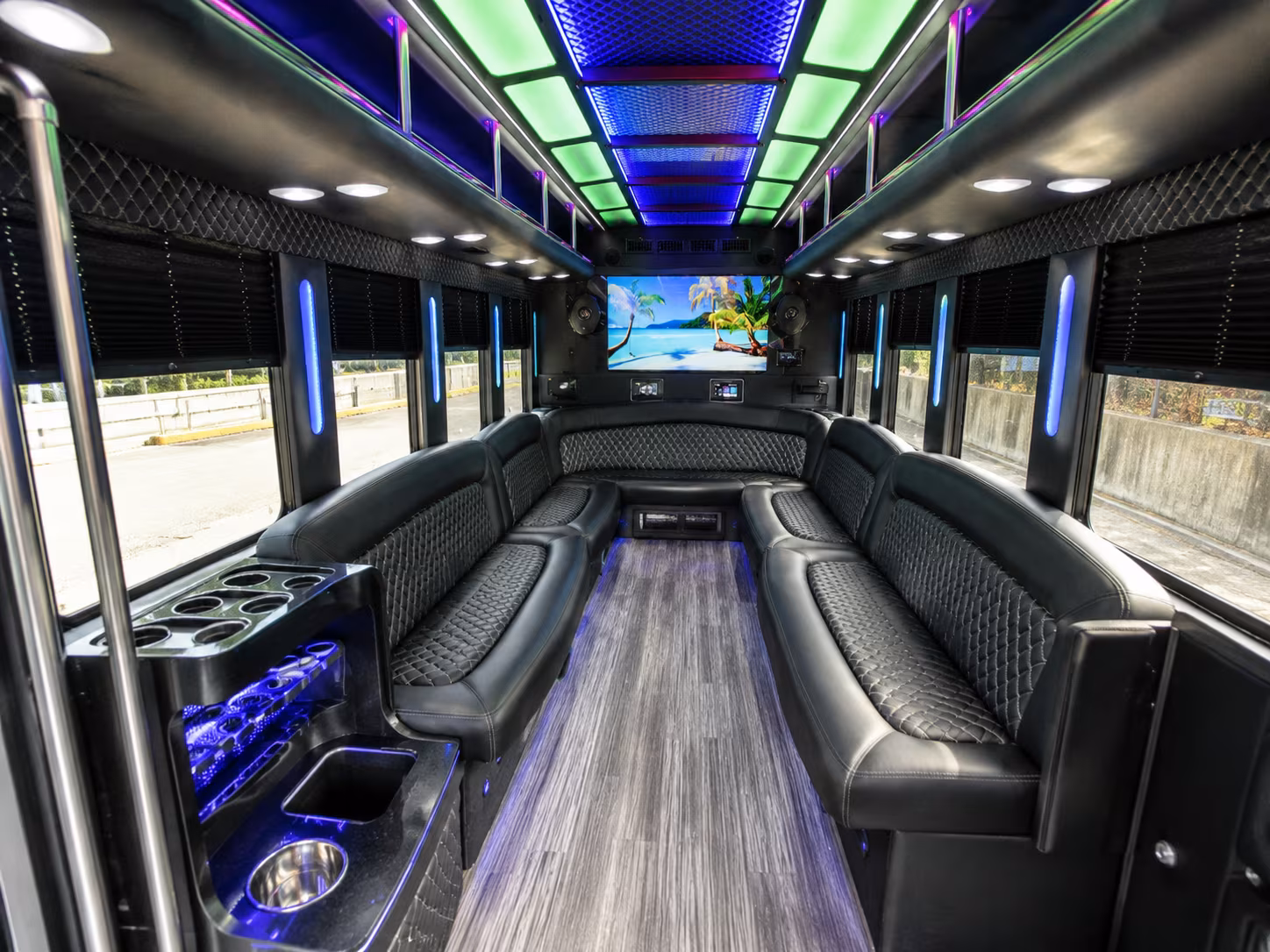 davis 18 passenger party bus inside