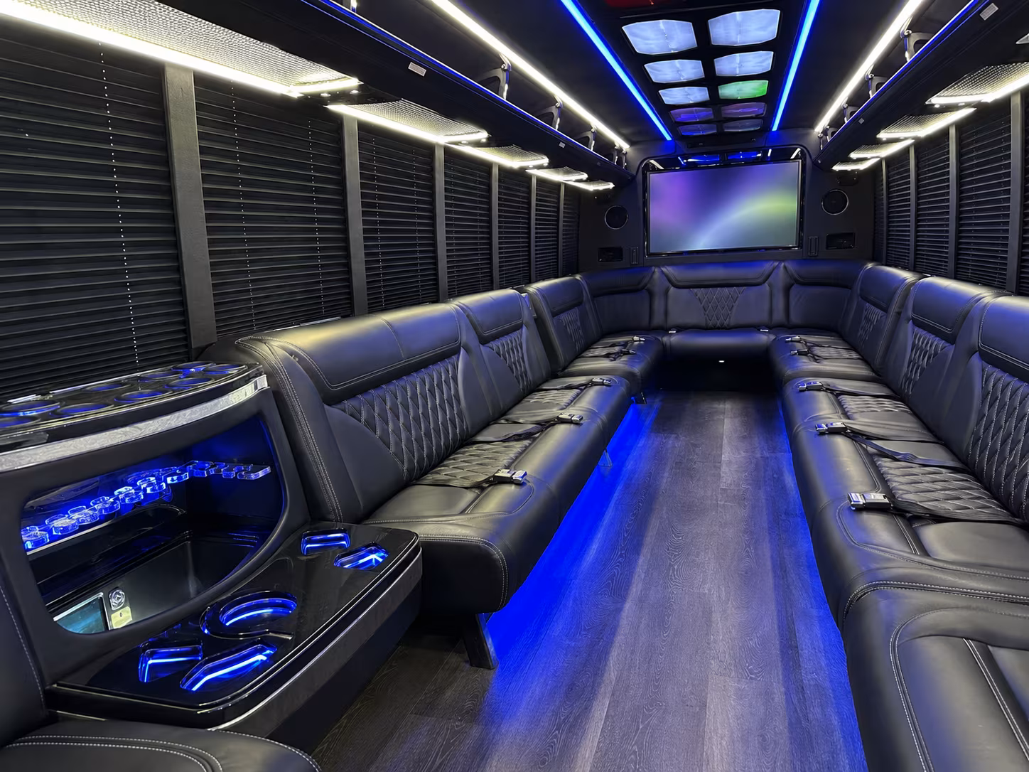 davis 20 passenger party bus inside