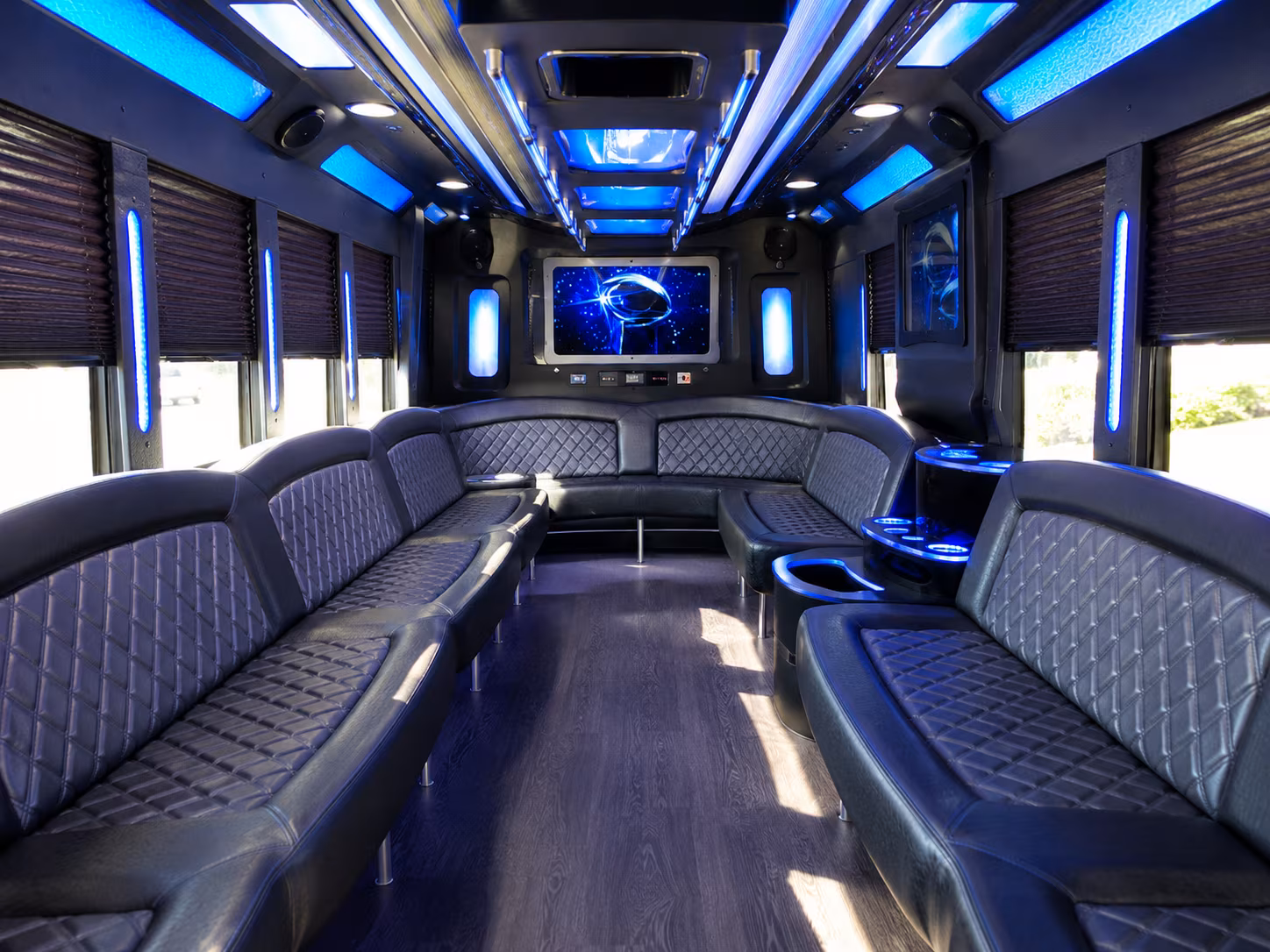 davis 28 passenger party bus inside